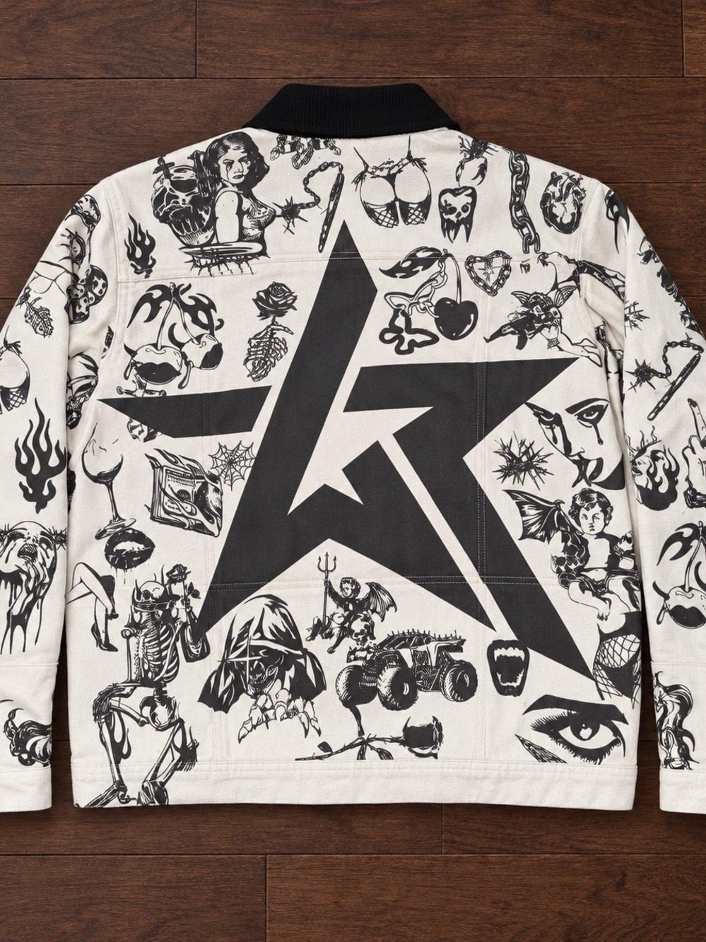 Rare WKND Riot Tattoo Flash Canvas Zip Jacket Cream Black NWT - Picture 5 of 5